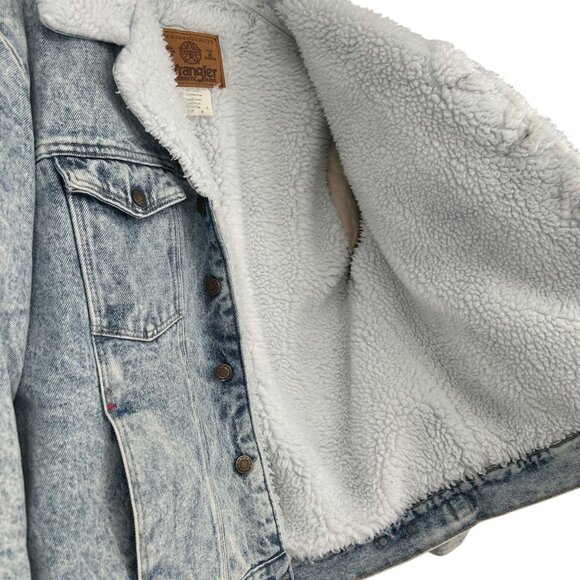 Vintage 80s Wrangler Trucker Jean Jacket Acid Snow Wash Sherpa Western Outlaw M - Picture 6 of 16